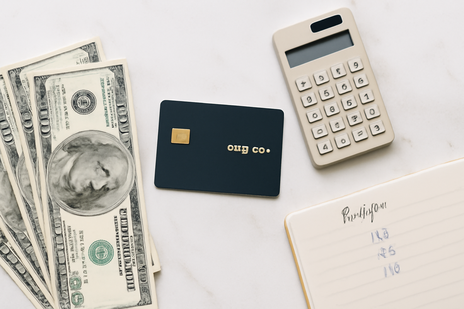 Cash back credit card on marble surface with dollar bills and budget notebook showing reward strategy