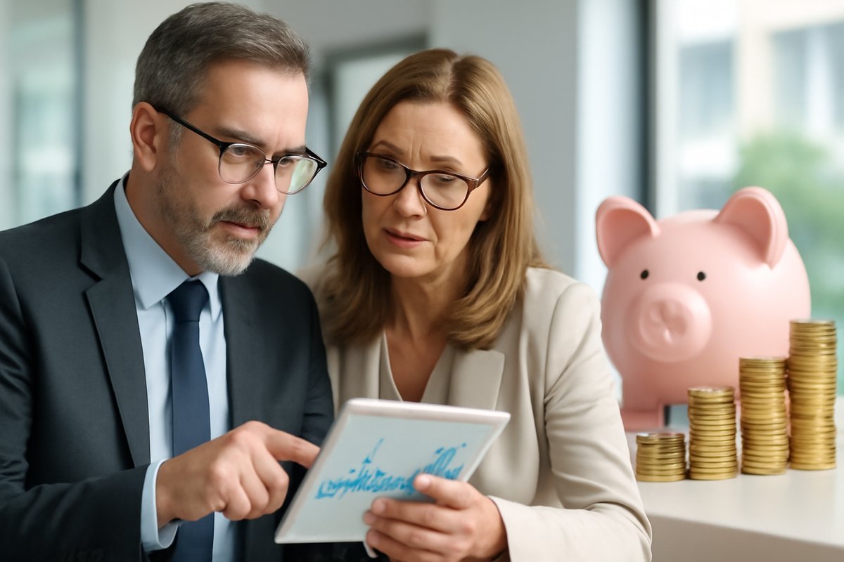 Two professionals reviewing 401(k) investment growth on a tablet