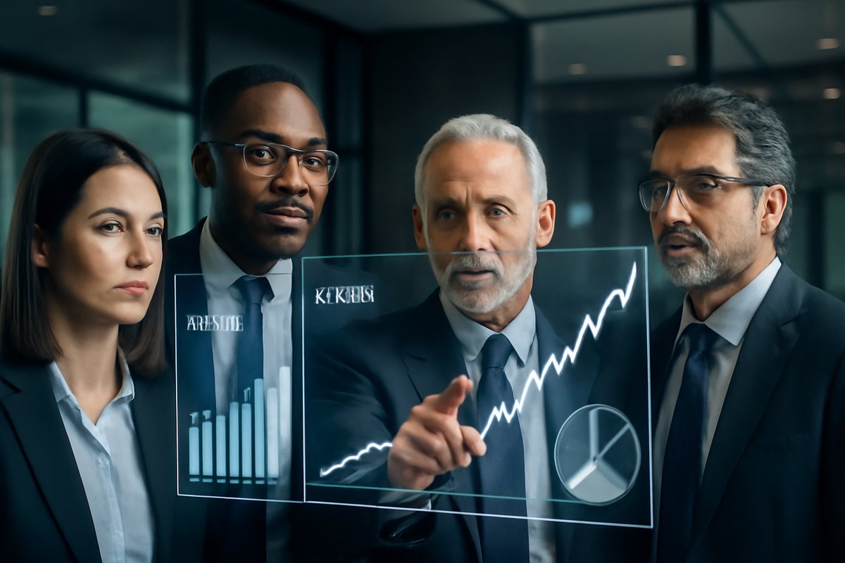 Diverse investors examining ETF performance on a digital screen