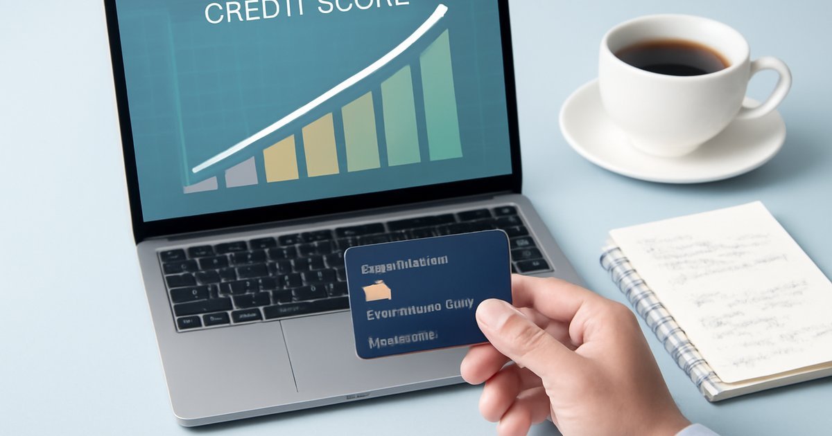 Person holding a credit card next to a laptop showing a rising credit score graph