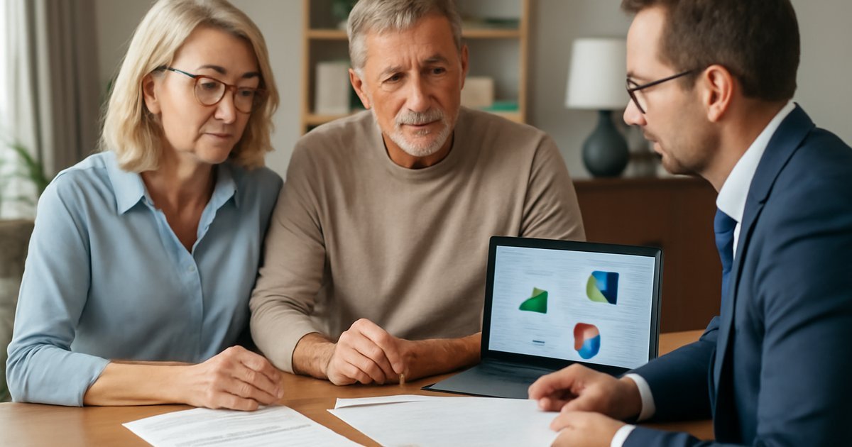 Couple reviewing life insurance riders with a financial advisor at a home office desk