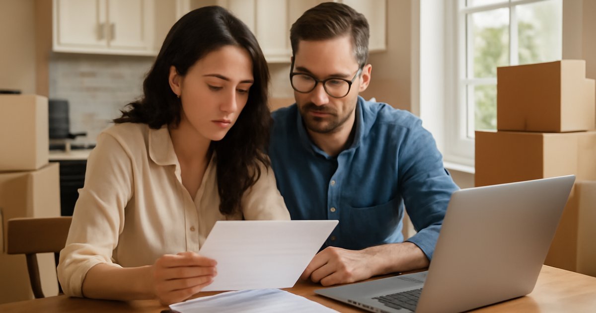 Couple reviewing personal loan options for moving expenses at kitchen table with moving boxes
